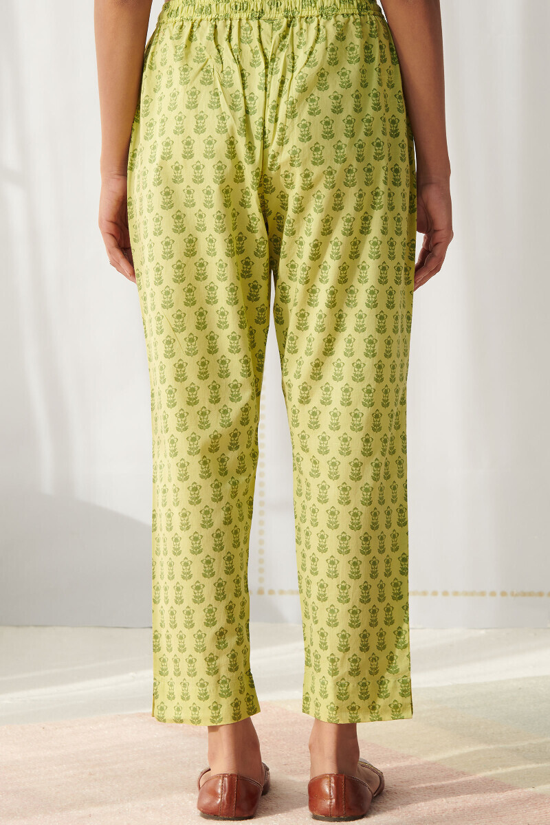 Lime Green Hand Printed Cotton Narrow Pants
