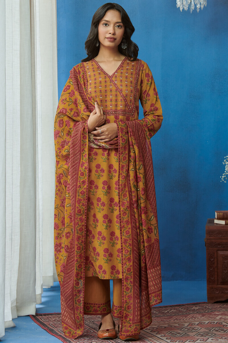 Mustard Printed Straight Cotton Kurta