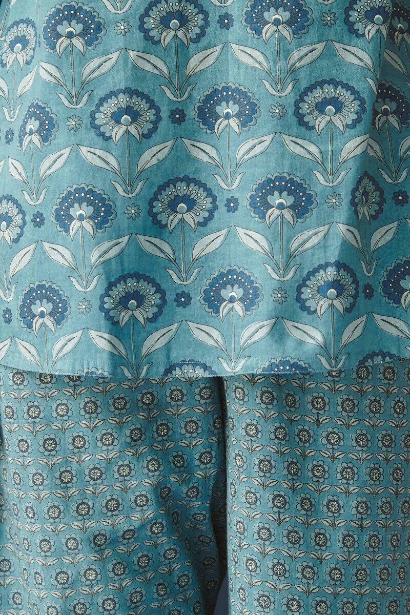 Blue Hand Printed Cotton Loungewear Set
