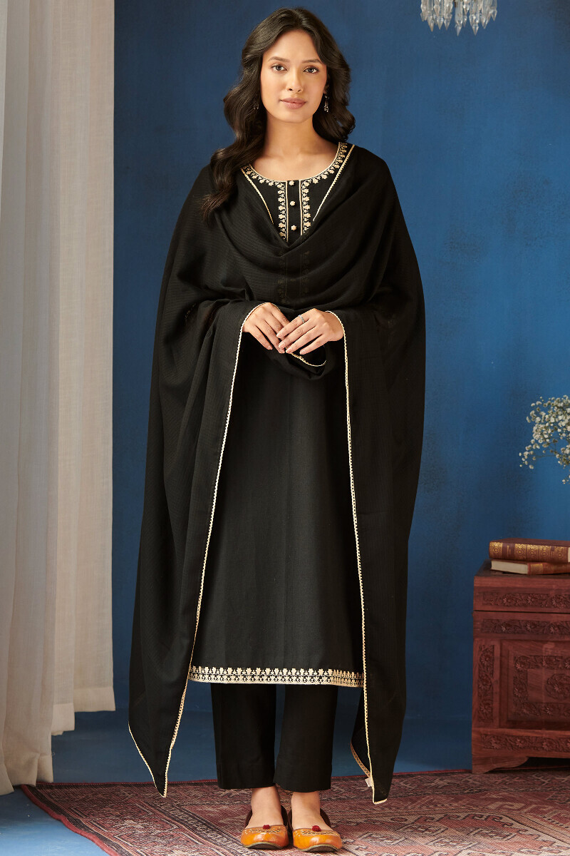 Black Handcrafted Straight Cotton Flax Kurta