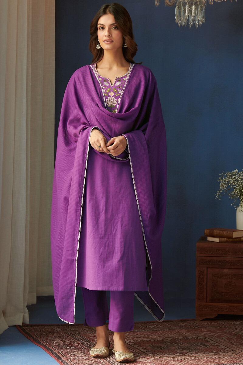 Purple Handcrafted Straight Cotton Flax Kurta
