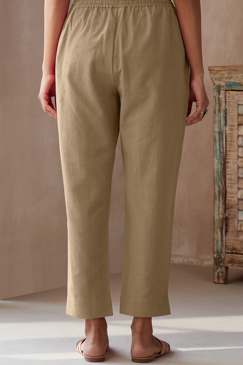 Beige Handcrafted Cotton Flax Narrow Pants