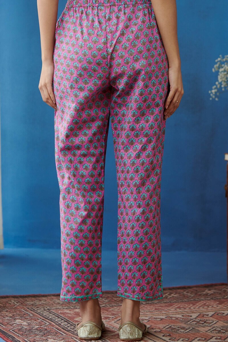 Pink Hand Printed Cotton Slub Narrow Pants