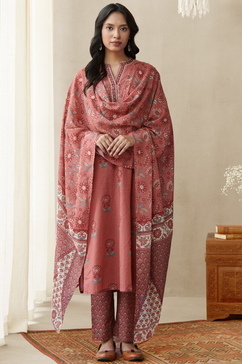 Rust Printed Straight Cotton Kurta