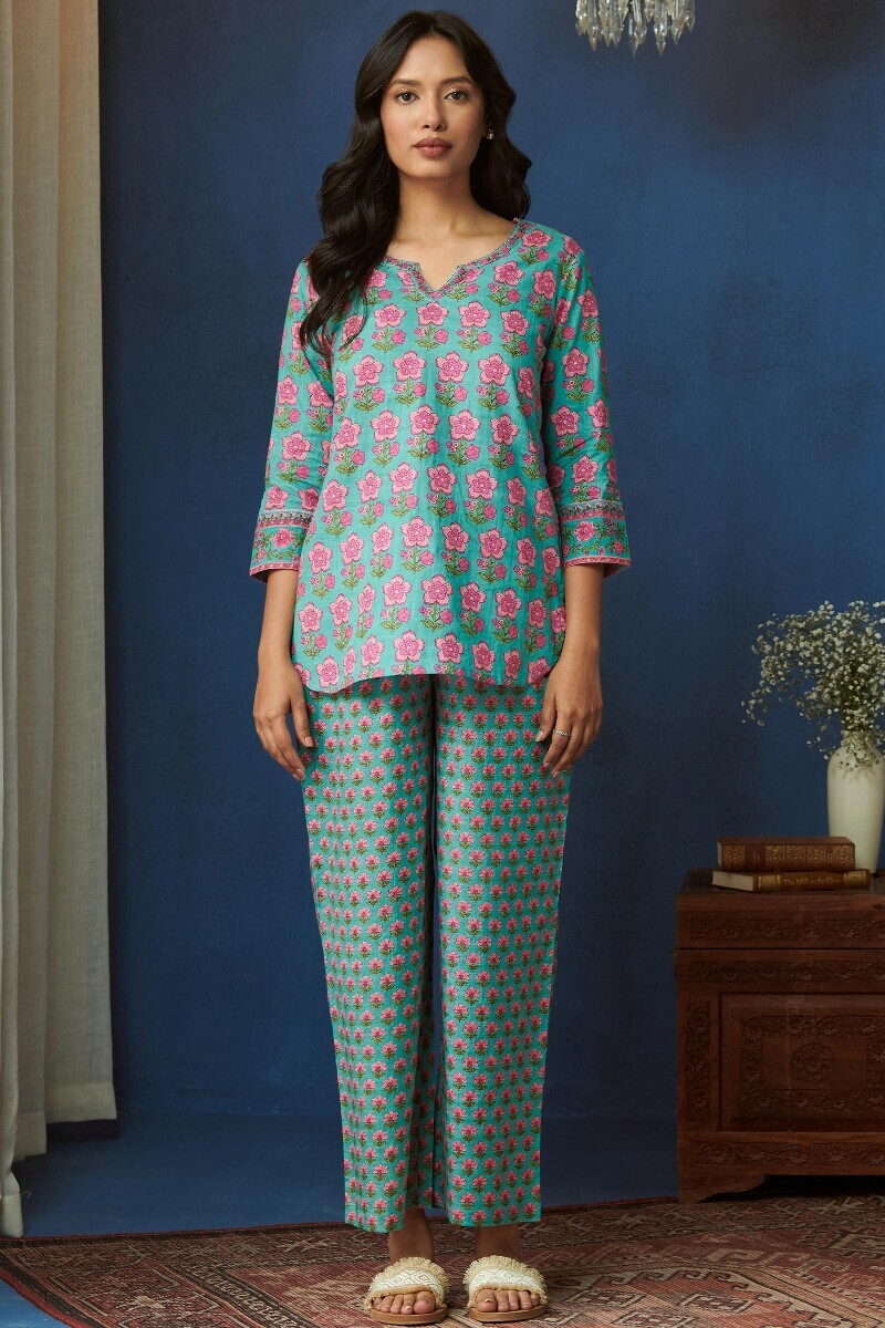 Blue Hand Printed Cotton Slub Loungewear Set