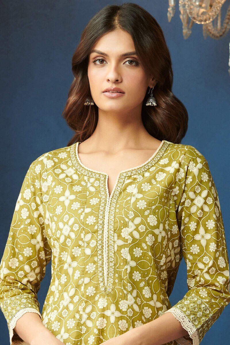 Green Hand Printed Anarkali Cotton Kurta