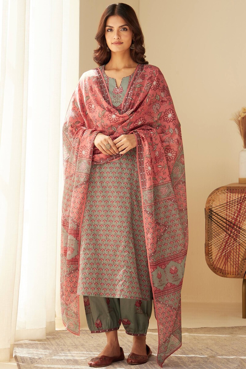 Grey Printed Straight Cotton Kurta