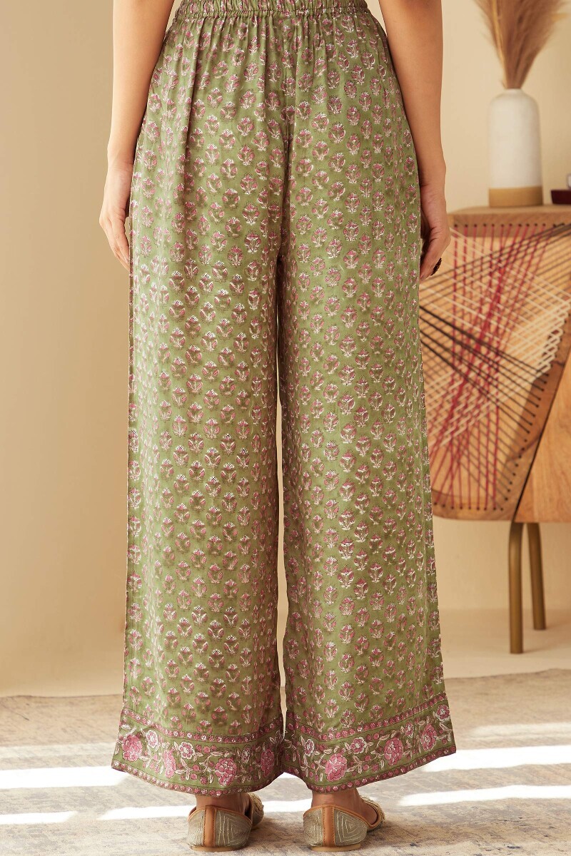 Olive Green Hand Block-Printed Viscose Farsi