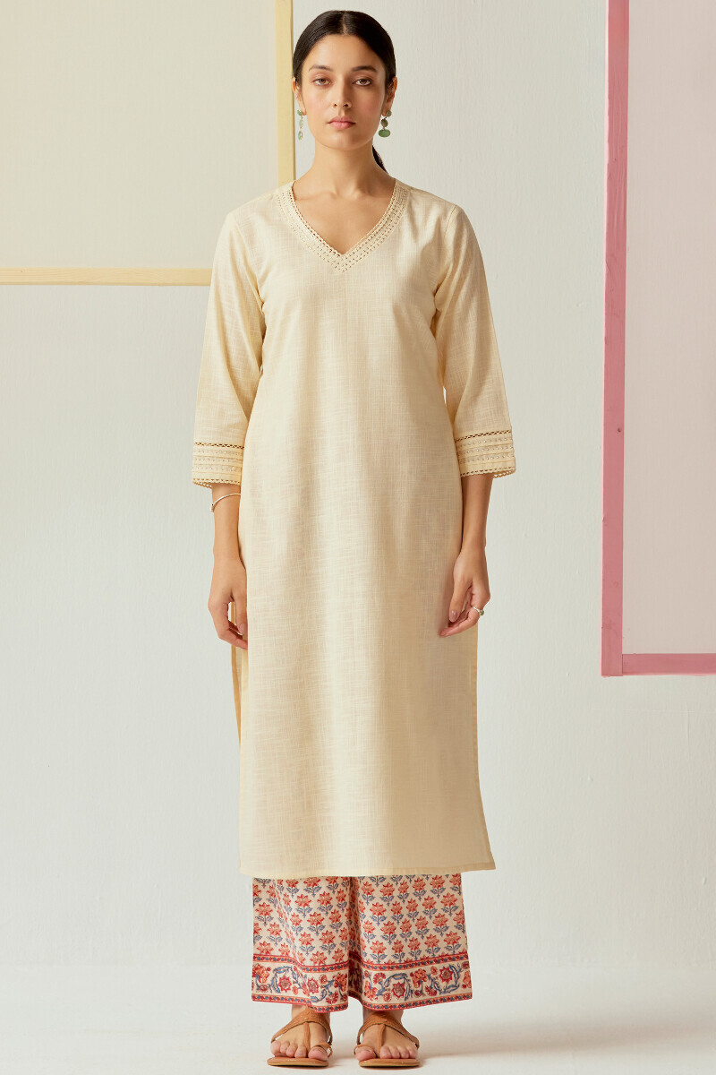 Cream Hand Printed Cotton Farsi