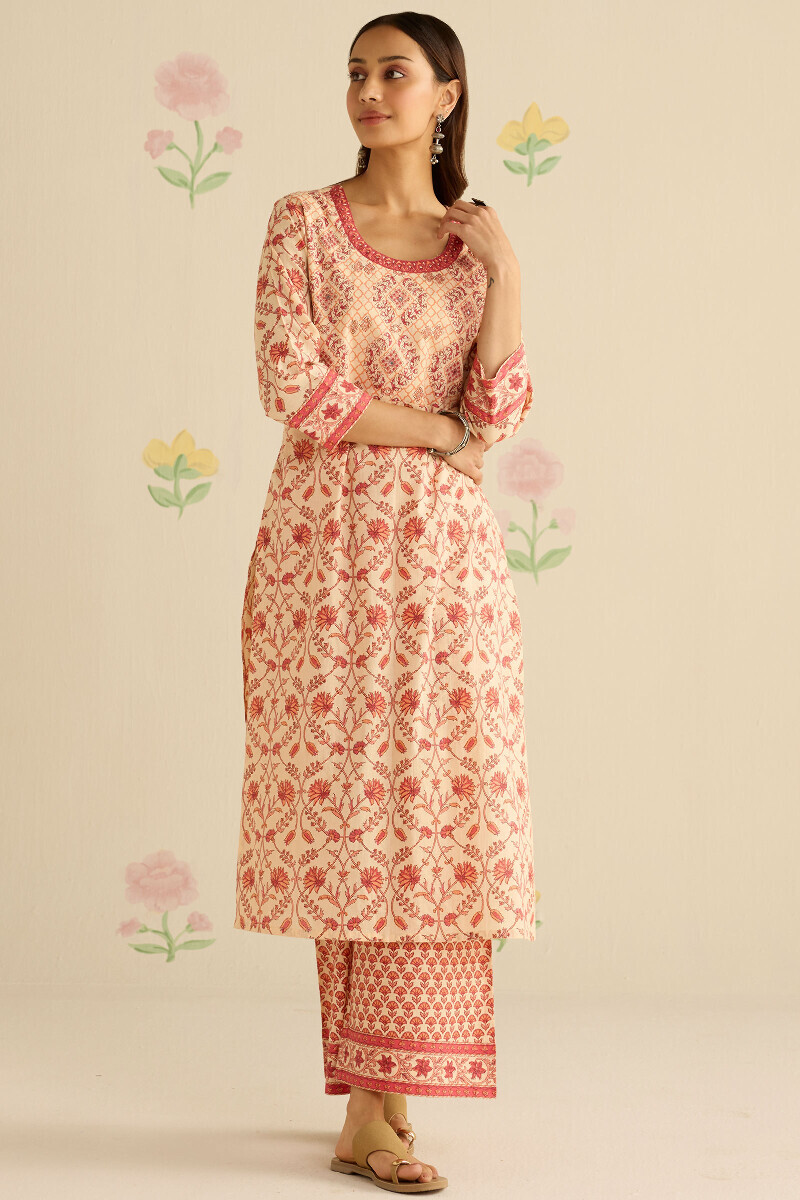 Cream Hand Printed Straight Cotton Kurta