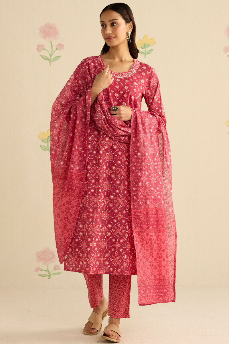 Pink Hand Printed Straight Cotton Kurta