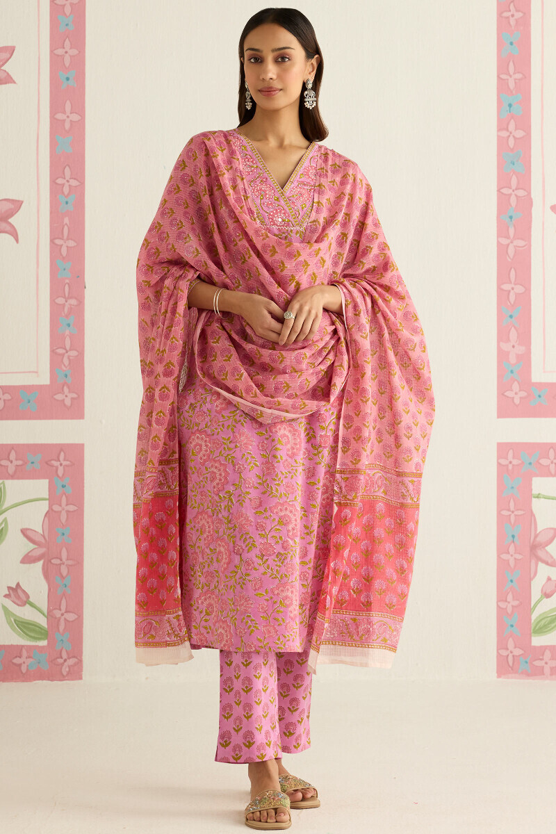 Purple Hand Block Printed Straight Cotton Kurta