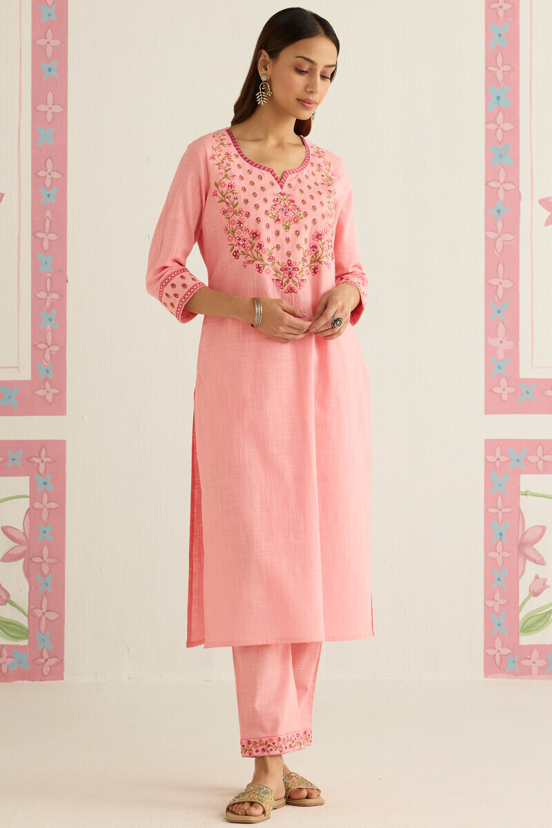 Pink Handcrafted Straight Gauze Slub Kurta