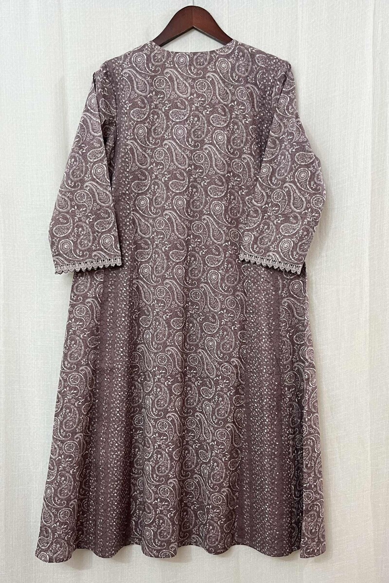 Brown Hand Printed A-Line Cotton Kurta