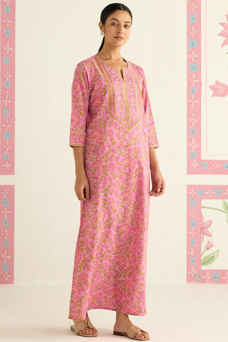Purple Hand Block Printed Cotton Kaftan