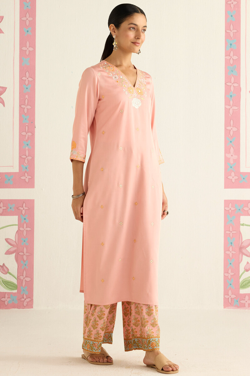Pink Handcrafted Straight Modal Satin Kurta