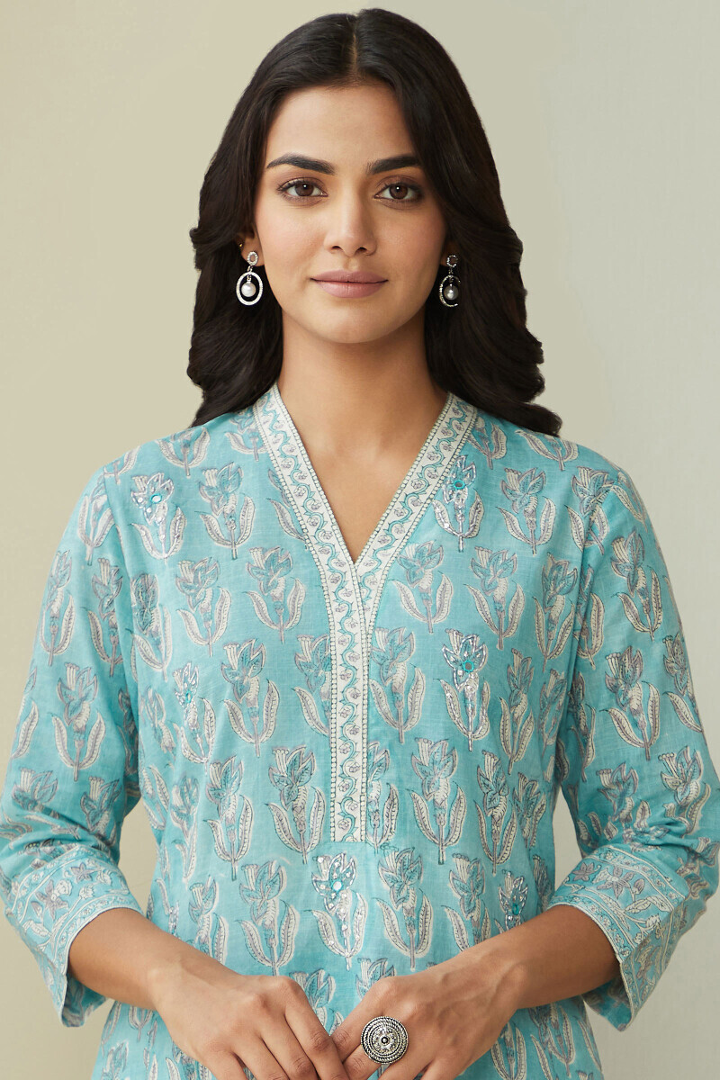 Blue Hand Block-Printed Straight Cotton Slub Kurta