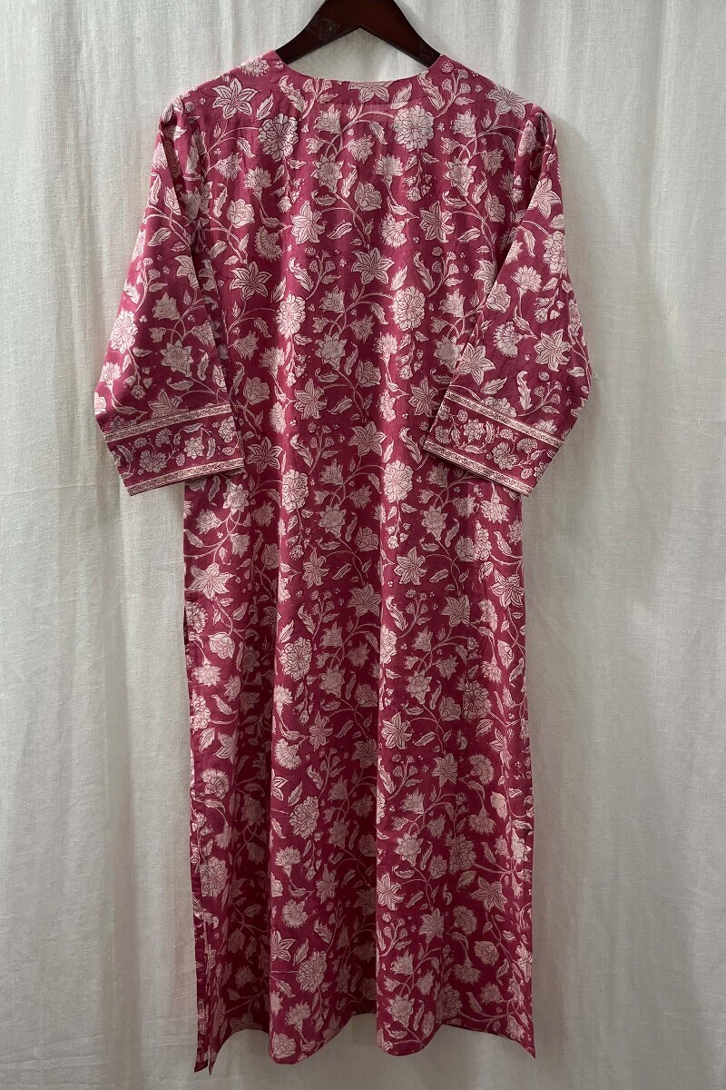 Pink Hand Block-Printed Straight Cotton Kurta