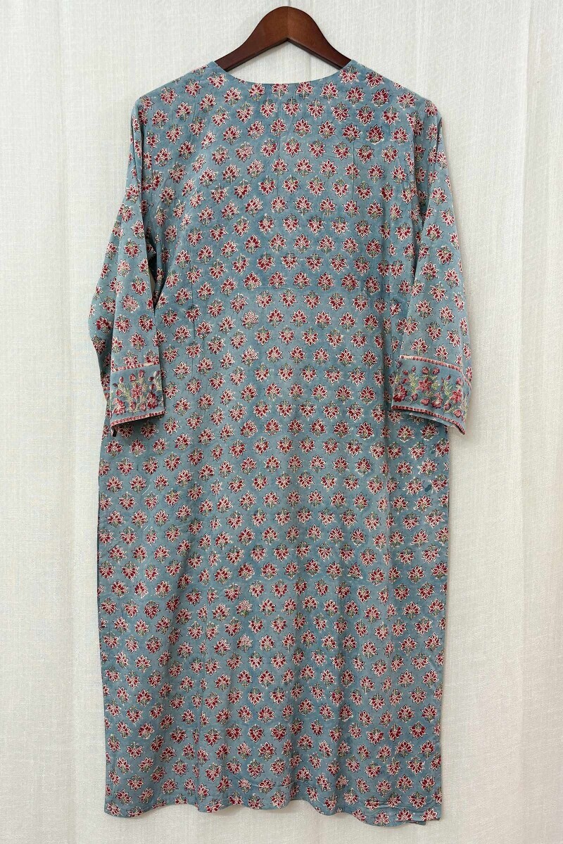 Blue Hand Block-Printed Straight Modal Kurta