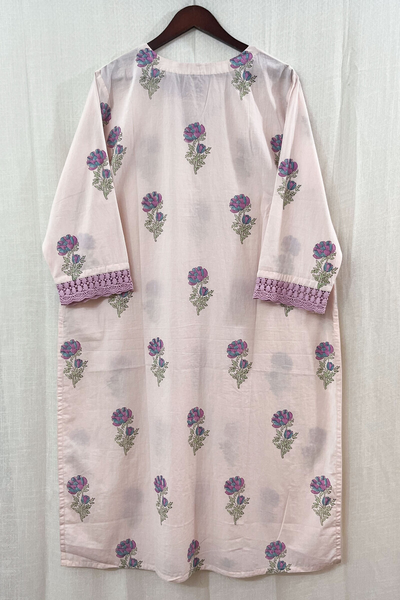 Pink Hand Block-Printed Straight Cotton Kurta