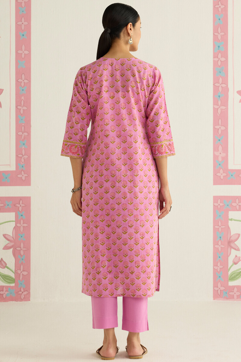 Purple Hand Block Printed Straight Cotton Kurta