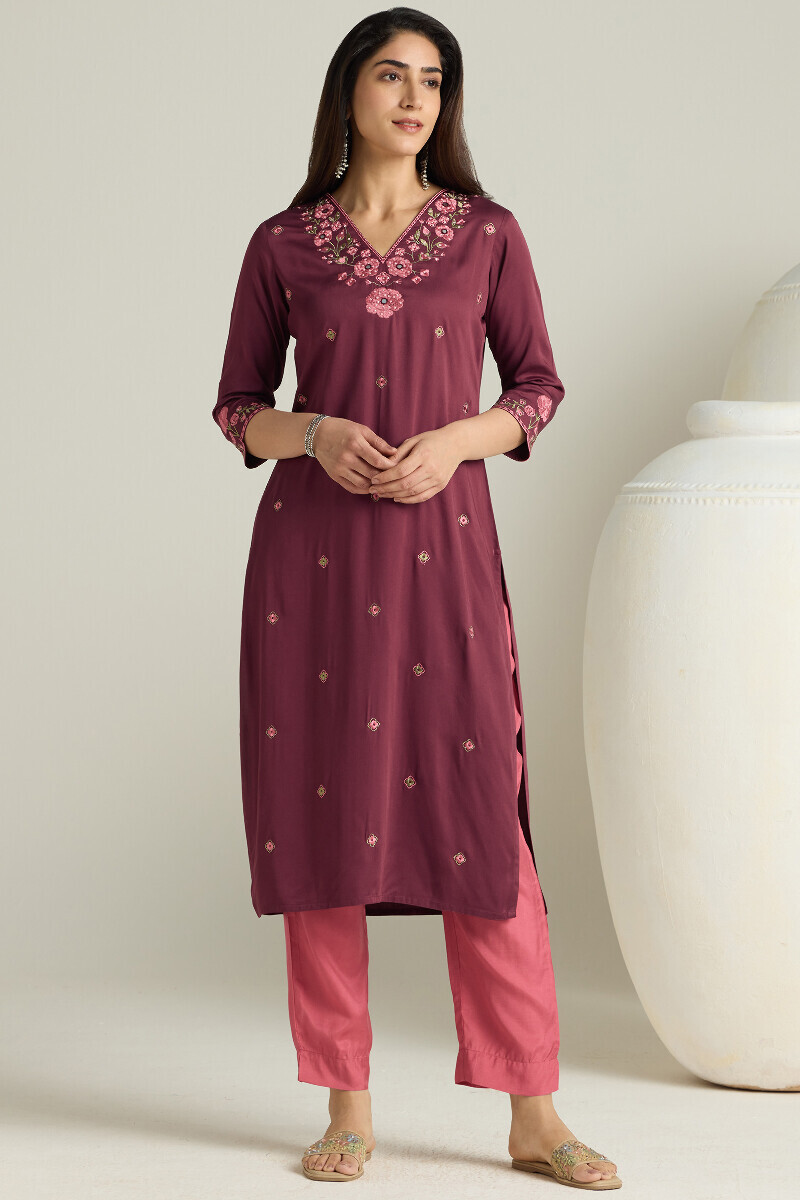 Purple Handcrafted Straight Modal Satin Kurta