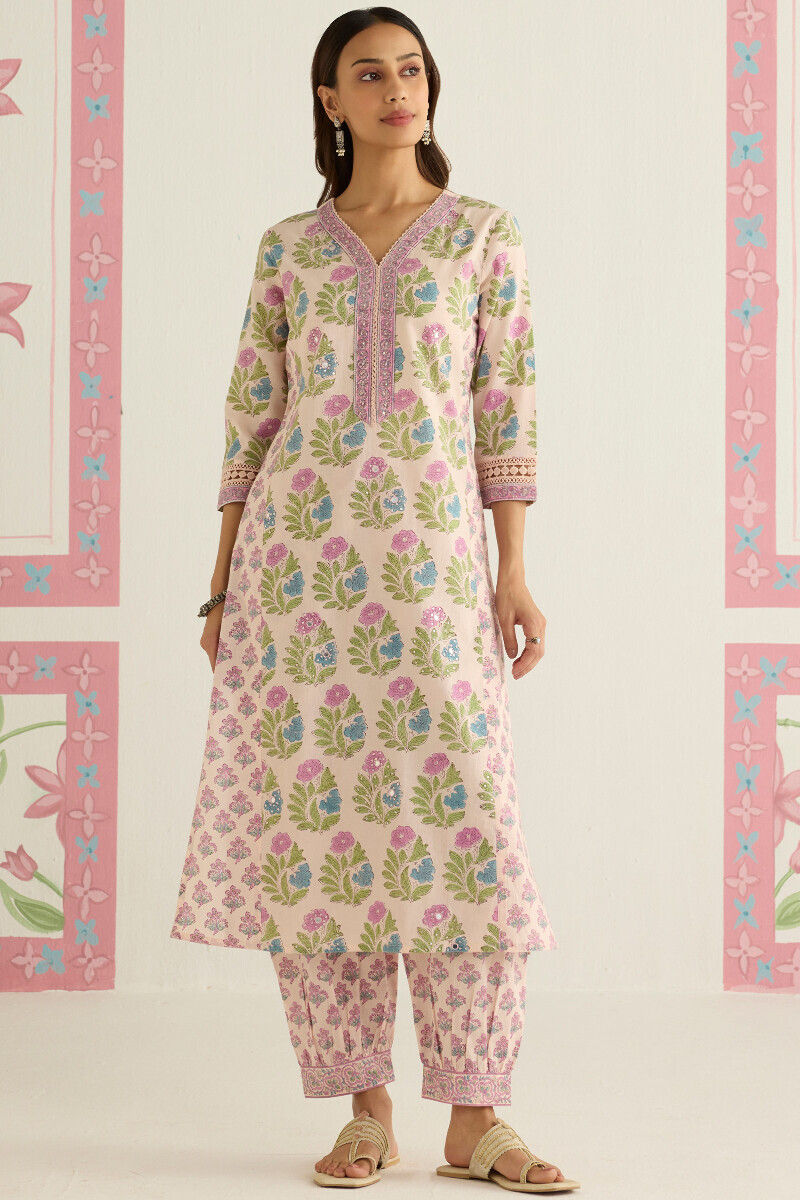 Off-White Hand Block Printed Straight Cotton Kurta