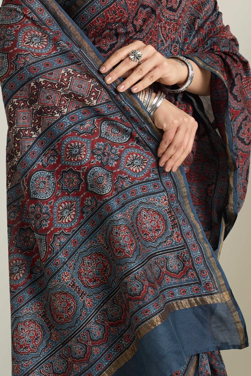 Indigo Hand Block Printed Chanderi Saree
