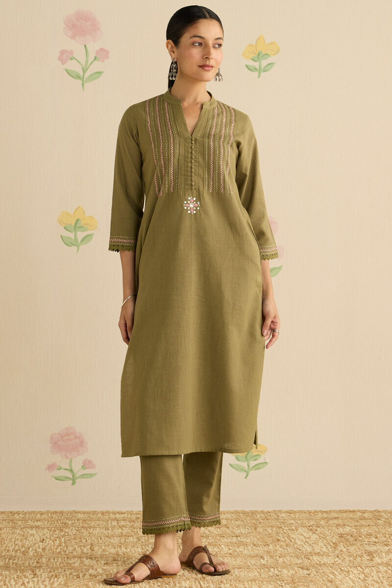 Green Handcrafted Straight Gauze Slub Kurta