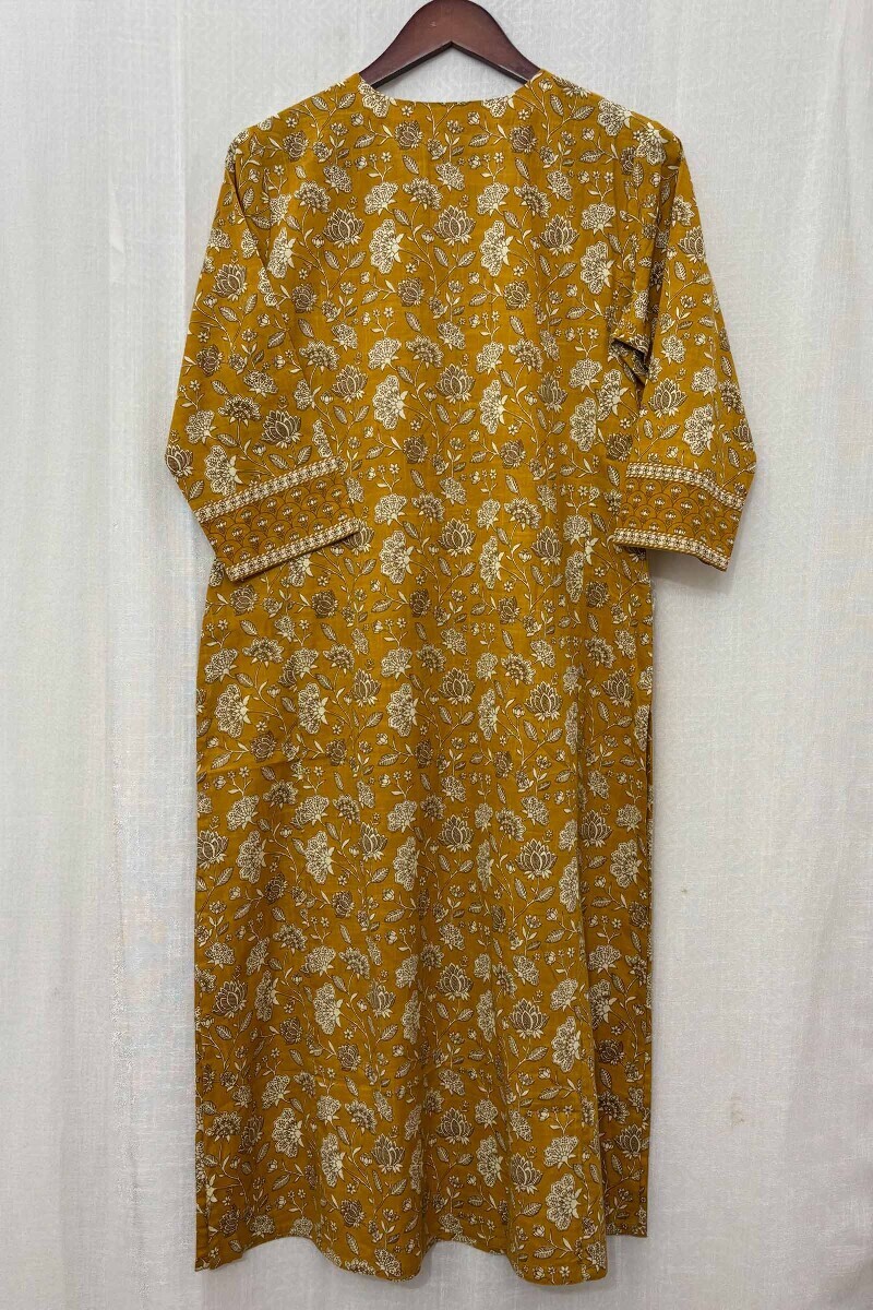 Mustard Hand Screen-Printed Straight Kurta