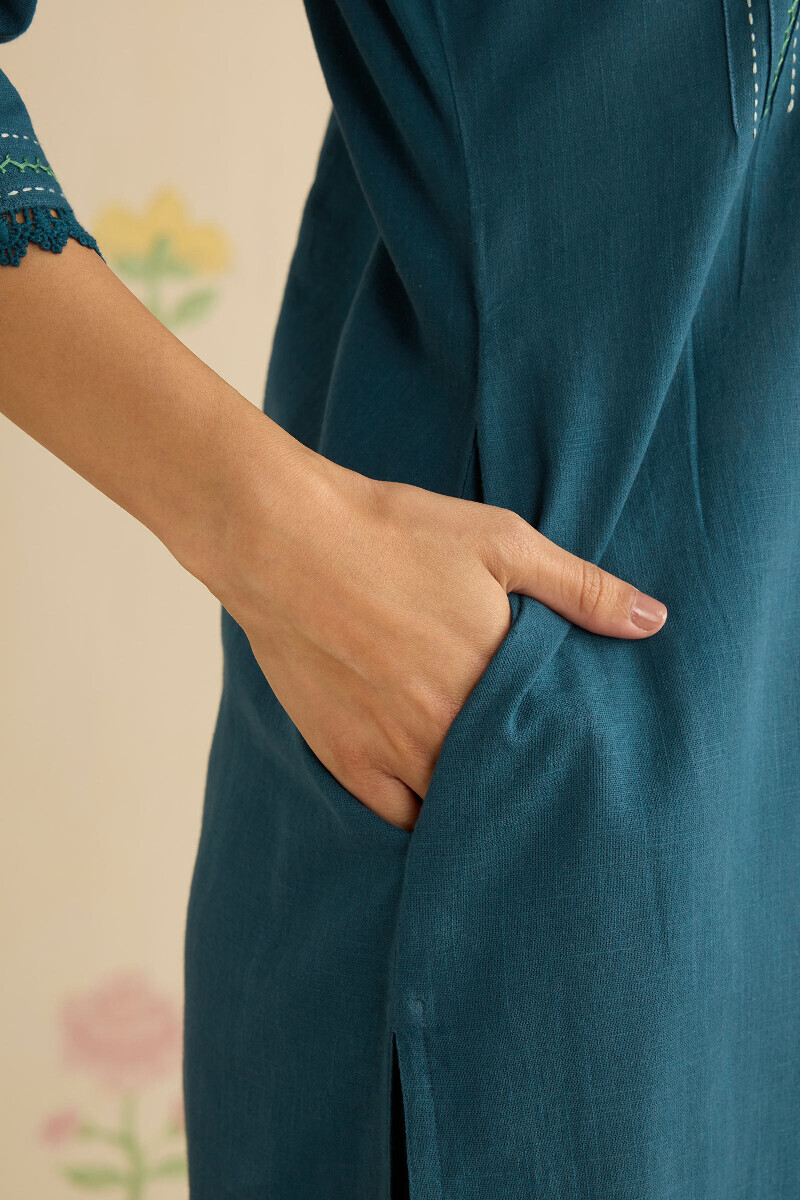 Navy Blue Handcrafted Straight Gauze Slub Kurta