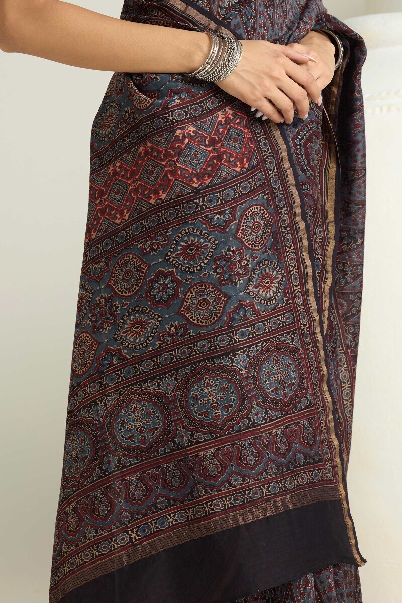 Ajrakh Hand Block-Printed Chanderi Saree