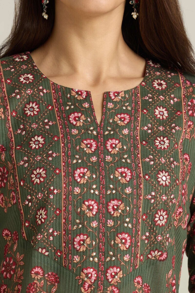 Green Hand Printed Straight Cotton Dobby Kurta