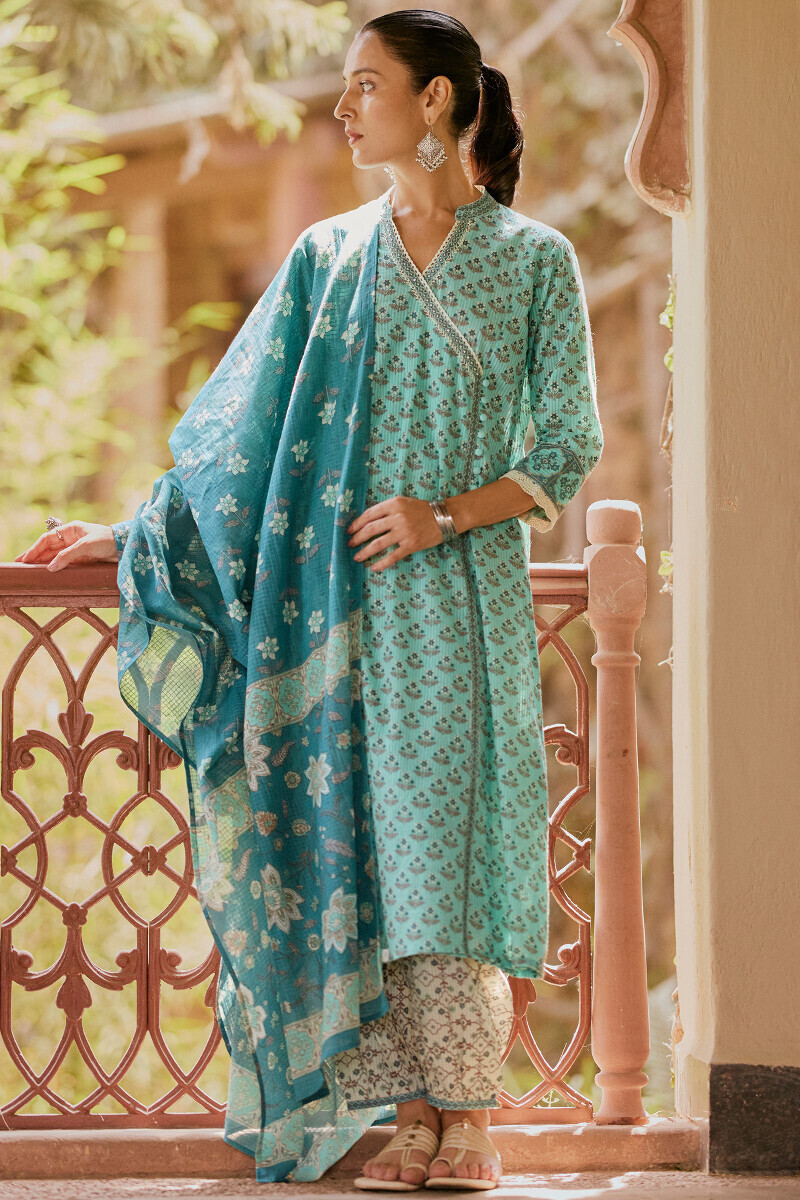 Blue Hand Printed Angrakha Cotton Dobby Kurta