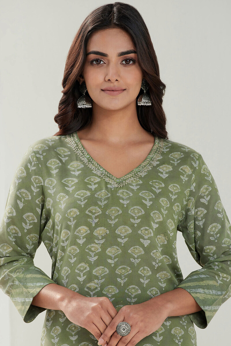 Green Hand Block-Printed Straight Viscose Kurta