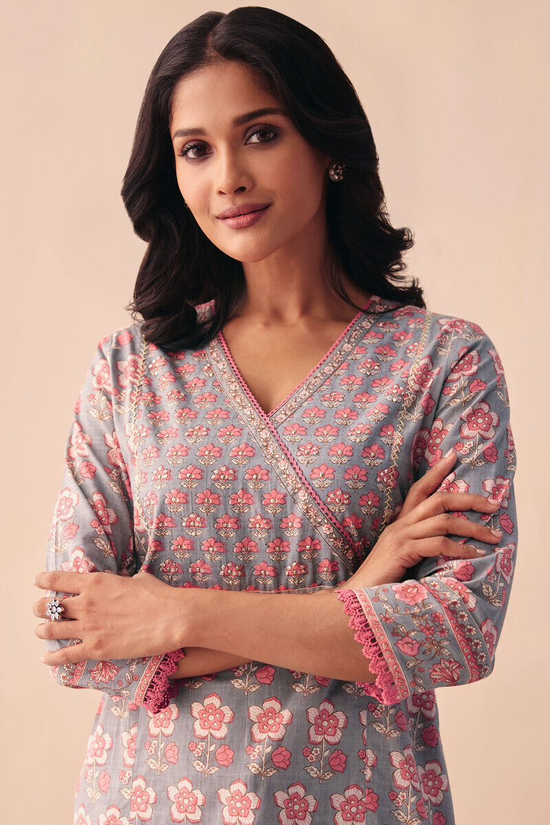 Grey Hand Printed Straight Cotton Slub Kurta