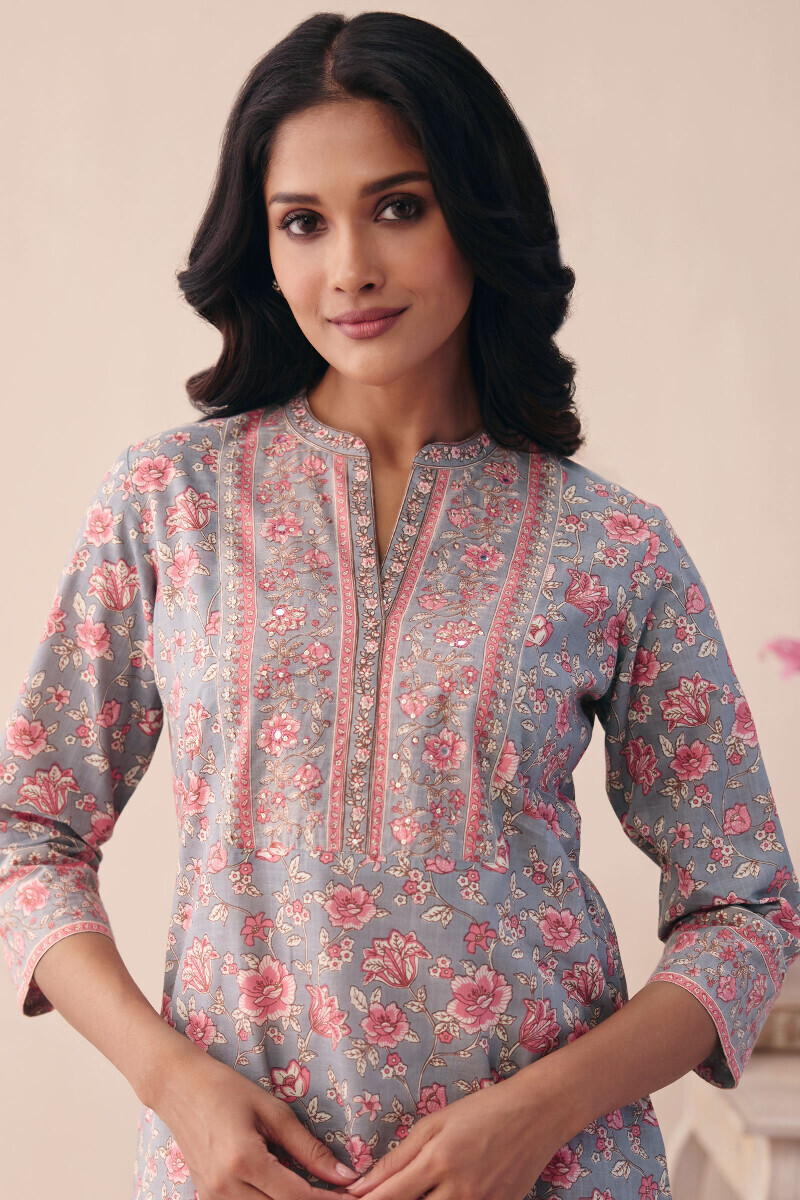 Grey Hand Printed Straight Cotton Slub Kurta