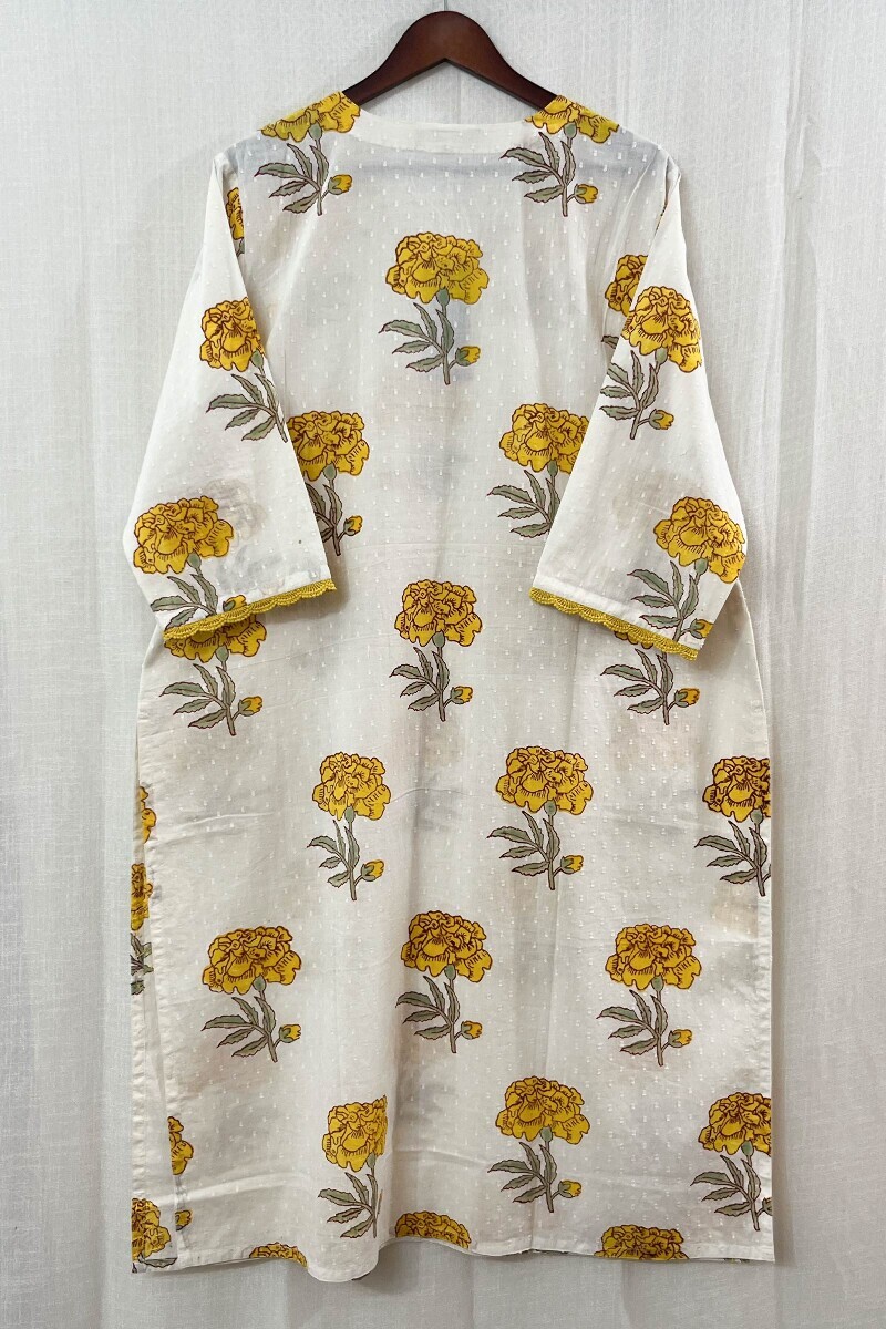 White Hand Block-Printed Straight Cotton Dobby Kurta