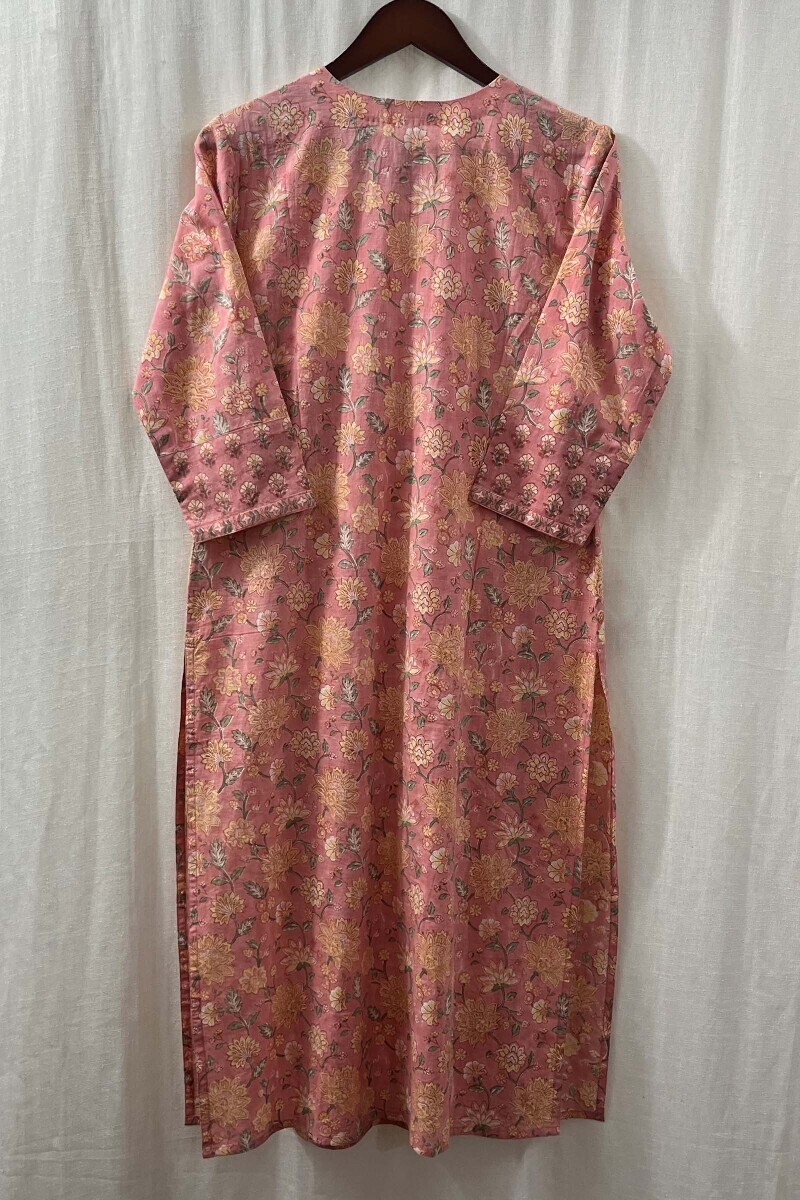 Peach Hand Block-Printed Straight Cotton Kurta