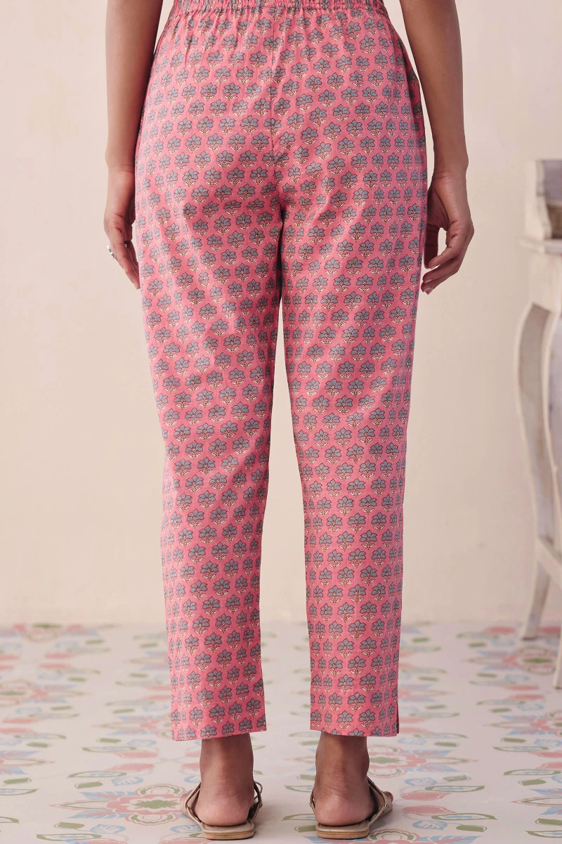 Pink Hand Printed Cotton Slub Narrow Pants