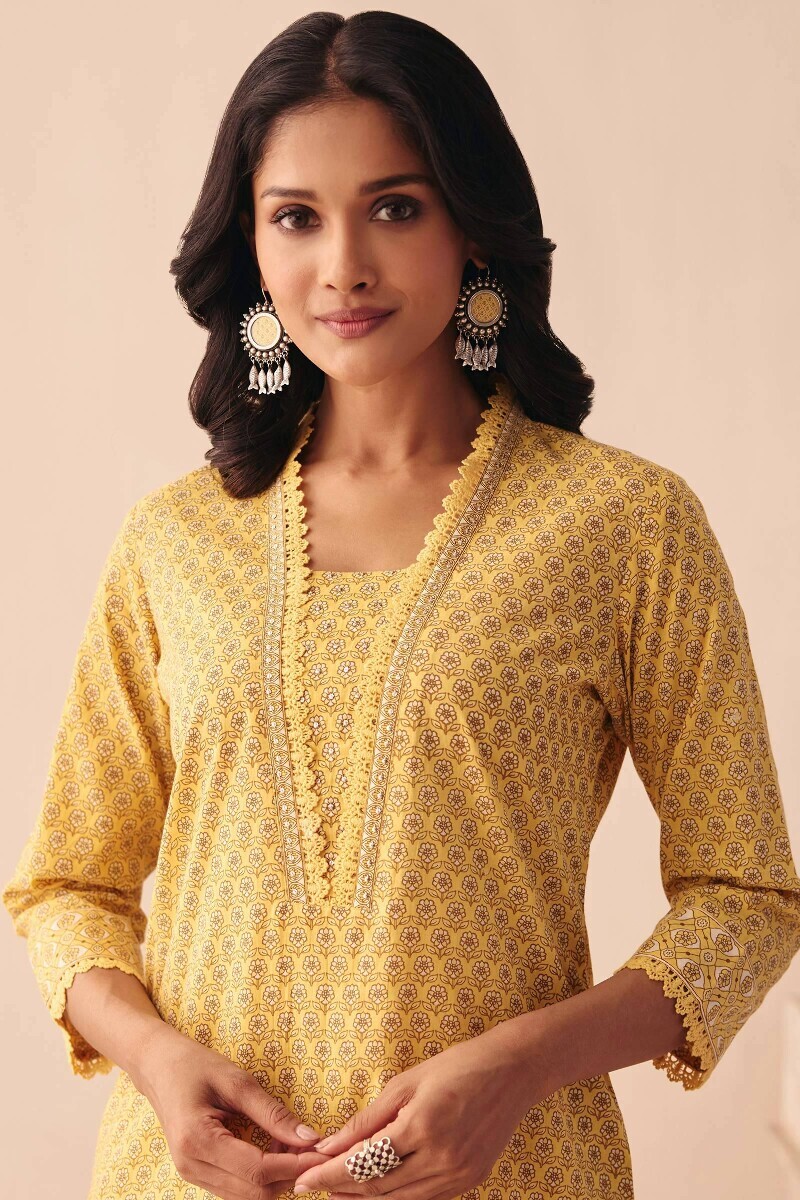 Yellow Hand Printed Straight Cotton Kurta