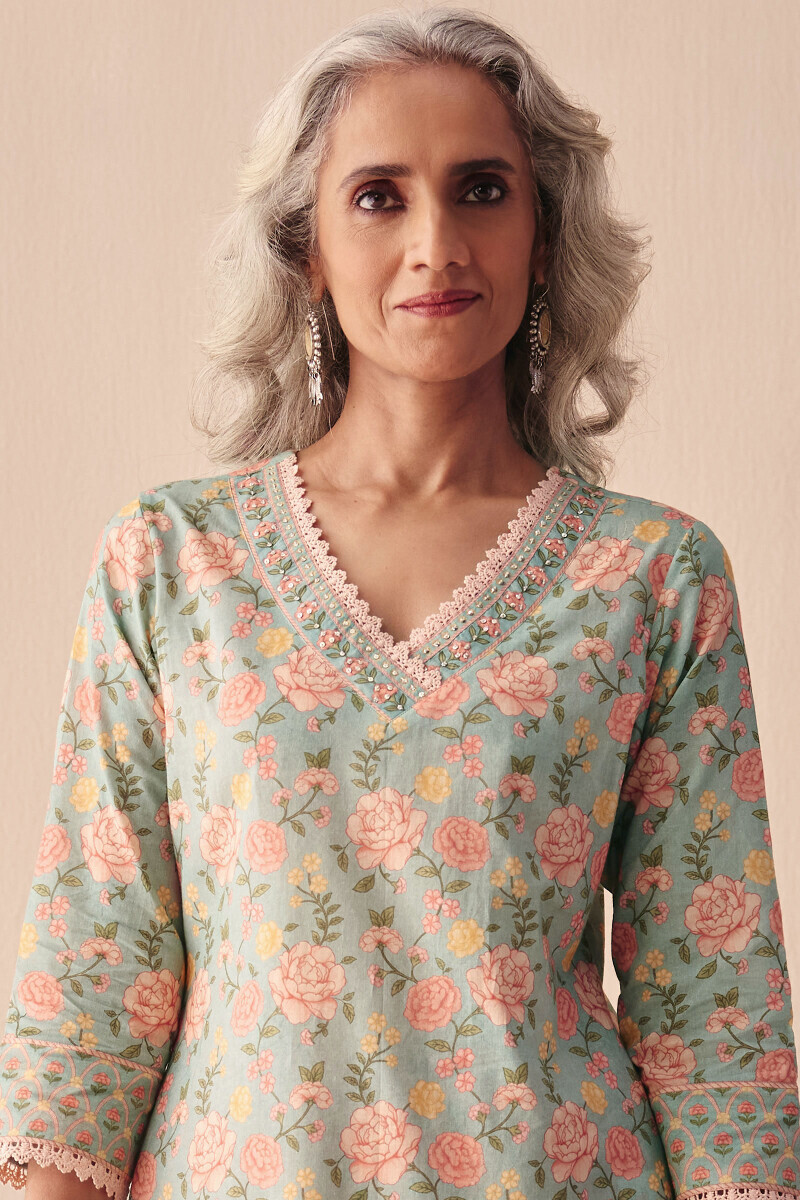 Blue Printed Straight Cotton Kurta