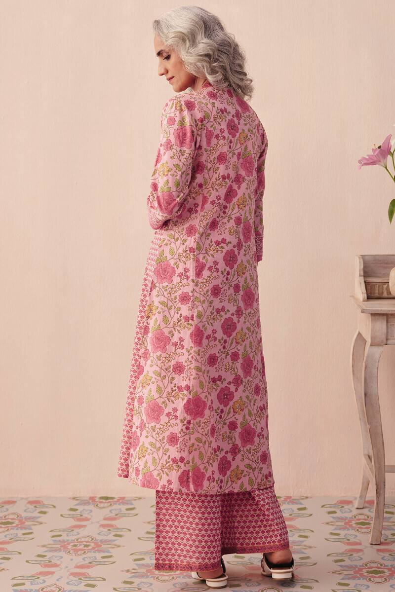 Pink Hand Printed Angrakha Cotton Kurta