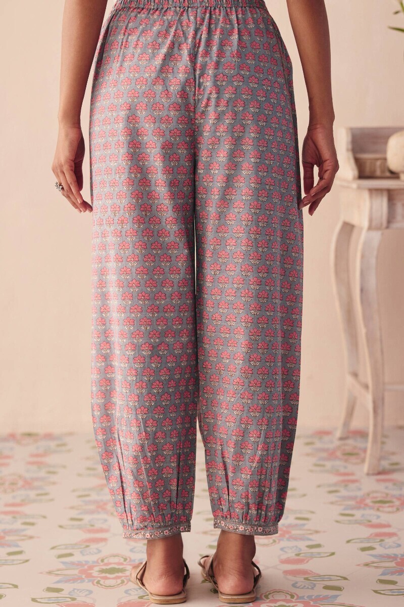 Grey Hand Printed Cotton Slub Izhaar Pants