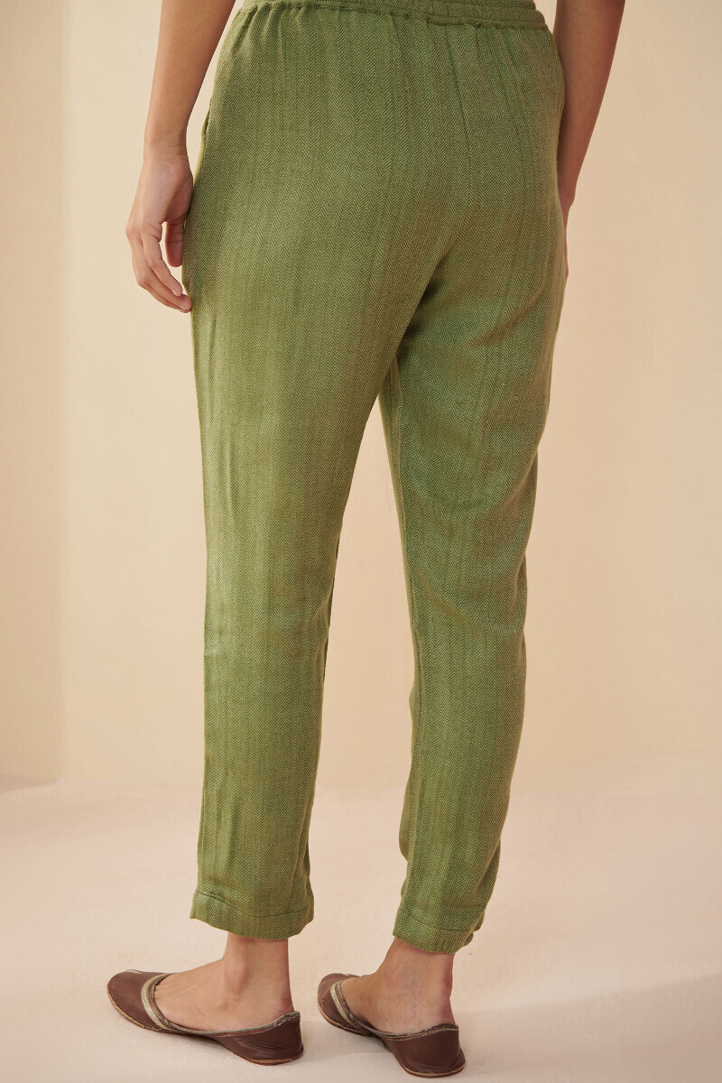 Green Handcrafted Faux Wool Narrow Pants