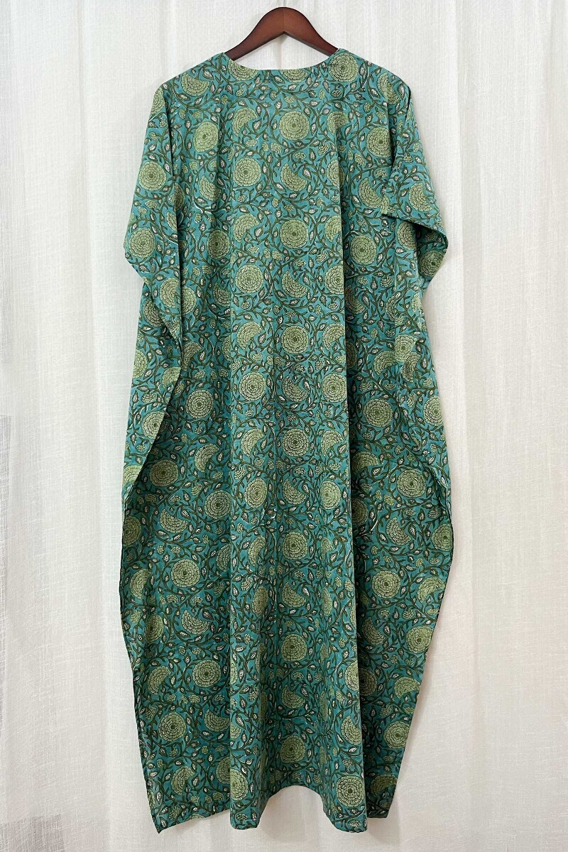 Turquoise Hand Block-Printed Cotton Kaftan