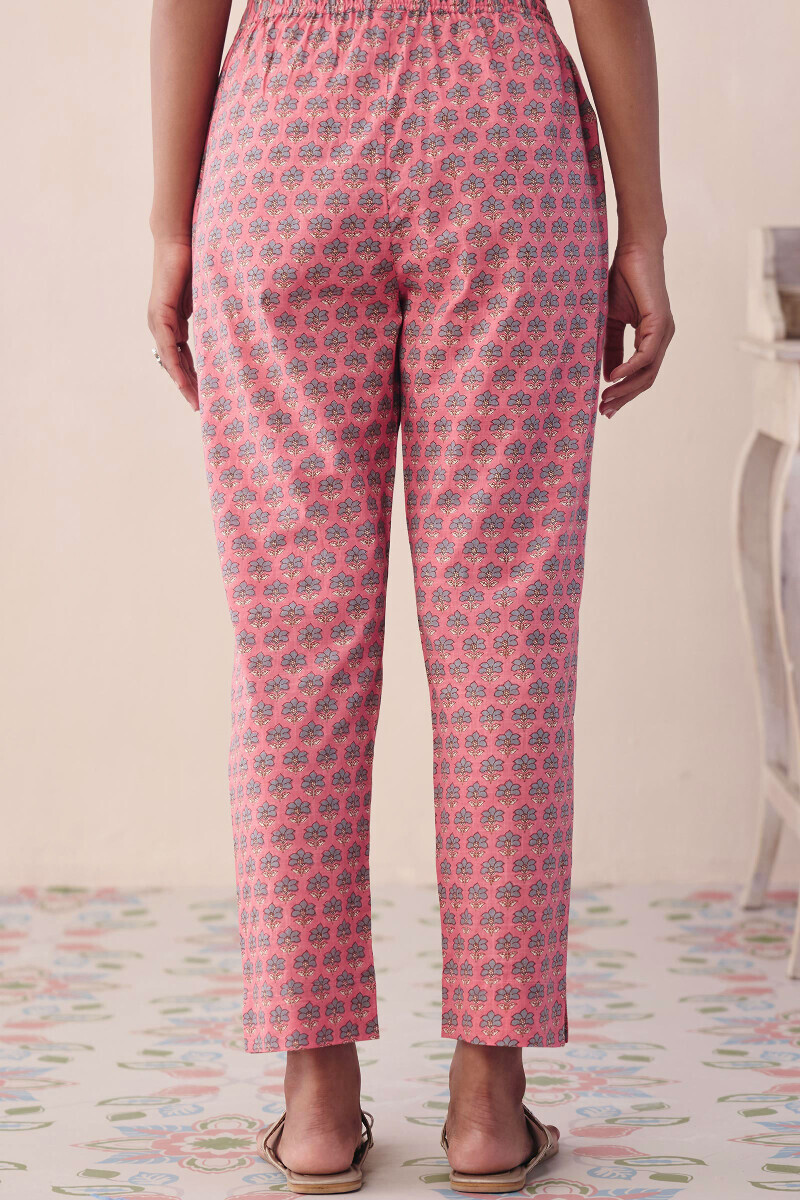 Pink Hand Printed Cotton Slub Narrow Pants