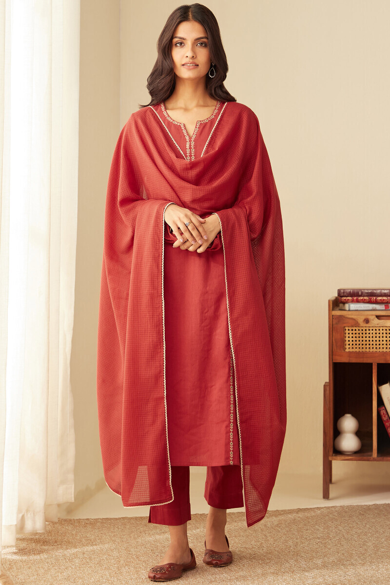 Red Handcrafted Straight Cotton Flax Kurta