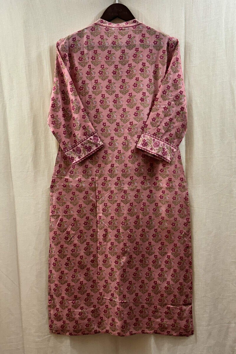 Pink Hand Printed Straight Viscose Kurta