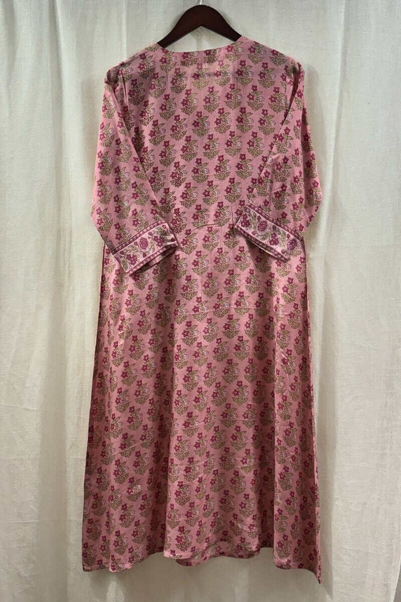 Pink Hand Printed A-Line Viscose Kurta